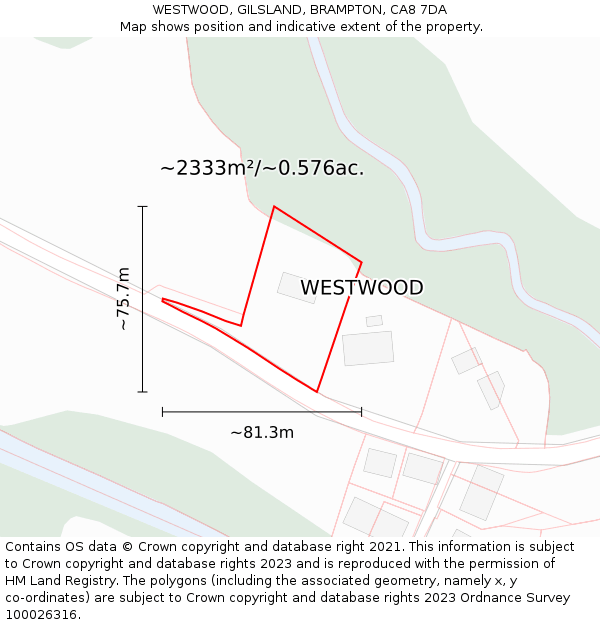 WESTWOOD, GILSLAND, BRAMPTON, CA8 7DA: Plot and title map