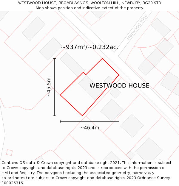 WESTWOOD HOUSE, BROADLAYINGS, WOOLTON HILL, NEWBURY, RG20 9TR: Plot and title map