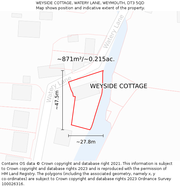 WEYSIDE COTTAGE, WATERY LANE, WEYMOUTH, DT3 5QD: Plot and title map