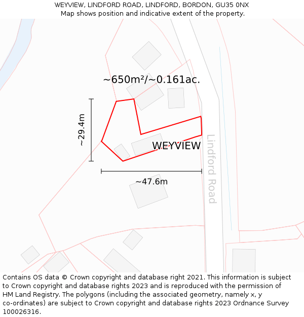 WEYVIEW, LINDFORD ROAD, LINDFORD, BORDON, GU35 0NX: Plot and title map