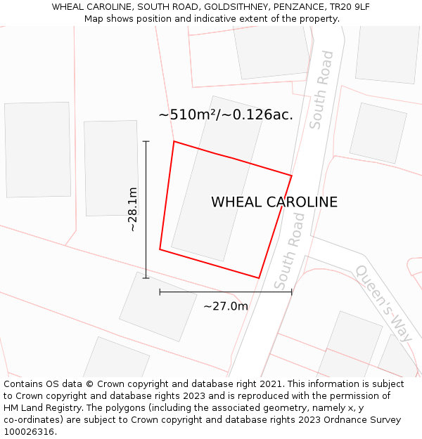 WHEAL CAROLINE, SOUTH ROAD, GOLDSITHNEY, PENZANCE, TR20 9LF: Plot and title map