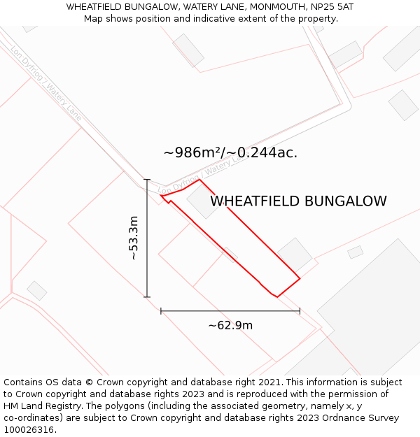 WHEATFIELD BUNGALOW, WATERY LANE, MONMOUTH, NP25 5AT: Plot and title map