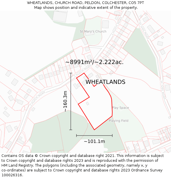 WHEATLANDS, CHURCH ROAD, PELDON, COLCHESTER, CO5 7PT: Plot and title map