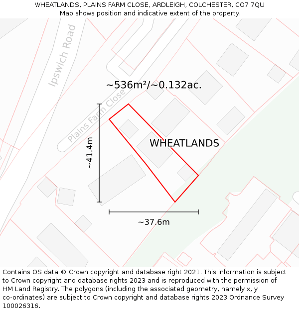 WHEATLANDS, PLAINS FARM CLOSE, ARDLEIGH, COLCHESTER, CO7 7QU: Plot and title map