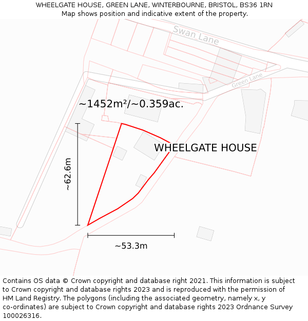 WHEELGATE HOUSE, GREEN LANE, WINTERBOURNE, BRISTOL, BS36 1RN: Plot and title map