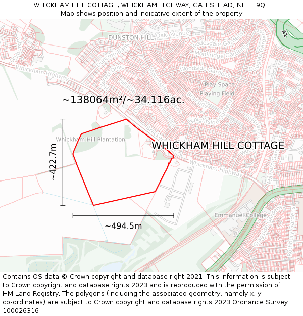 WHICKHAM HILL COTTAGE, WHICKHAM HIGHWAY, GATESHEAD, NE11 9QL: Plot and title map