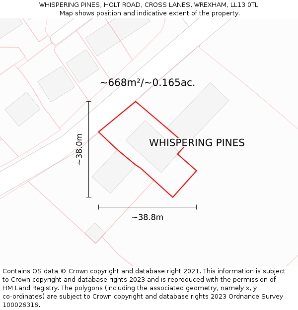 WHISPERING PINES, HOLT ROAD, CROSS LANES, WREXHAM, LL13 0TL: Plot and title map