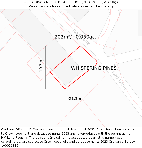 WHISPERING PINES, RED LANE, BUGLE, ST AUSTELL, PL26 8QP: Plot and title map