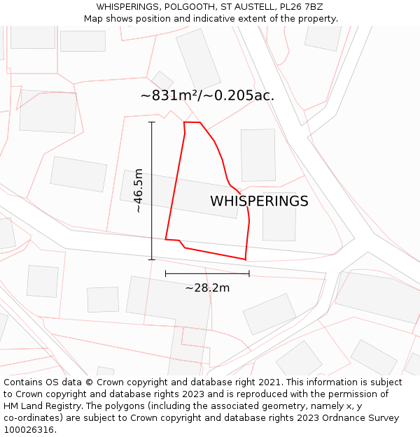 WHISPERINGS, POLGOOTH, ST AUSTELL, PL26 7BZ: Plot and title map