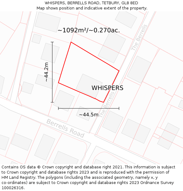 WHISPERS, BERRELLS ROAD, TETBURY, GL8 8ED: Plot and title map