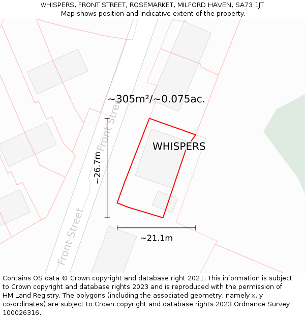 WHISPERS, FRONT STREET, ROSEMARKET, MILFORD HAVEN, SA73 1JT: Plot and title map