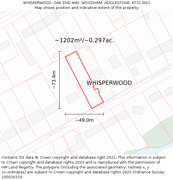 WHISPERWOOD, OAK END WAY, WOODHAM, ADDLESTONE, KT15 3DU: Plot and title map