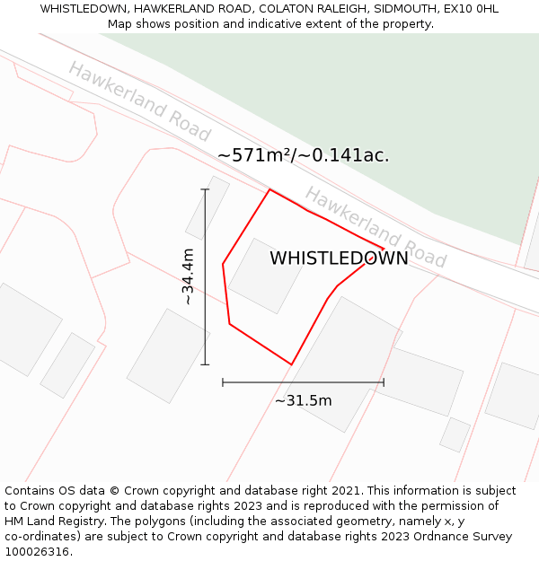 WHISTLEDOWN, HAWKERLAND ROAD, COLATON RALEIGH, SIDMOUTH, EX10 0HL: Plot and title map