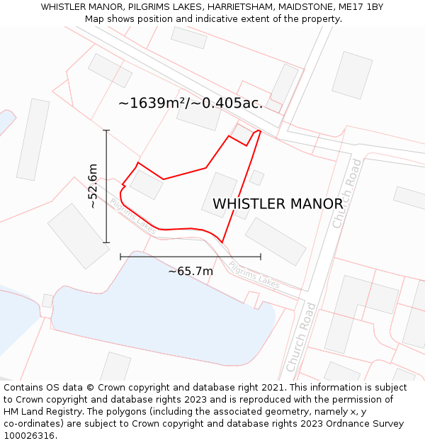 WHISTLER MANOR, PILGRIMS LAKES, HARRIETSHAM, MAIDSTONE, ME17 1BY: Plot and title map