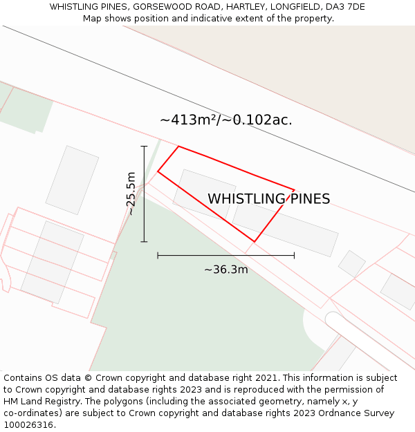 WHISTLING PINES, GORSEWOOD ROAD, HARTLEY, LONGFIELD, DA3 7DE: Plot and title map