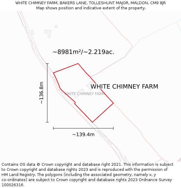 WHITE CHIMNEY FARM, BAKERS LANE, TOLLESHUNT MAJOR, MALDON, CM9 8JR: Plot and title map