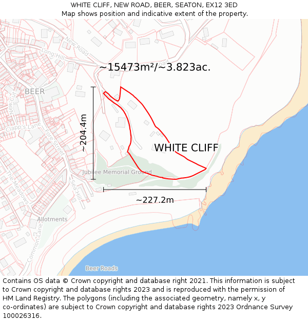 WHITE CLIFF, NEW ROAD, BEER, SEATON, EX12 3ED: Plot and title map