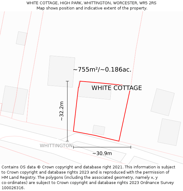 WHITE COTTAGE, HIGH PARK, WHITTINGTON, WORCESTER, WR5 2RS: Plot and title map