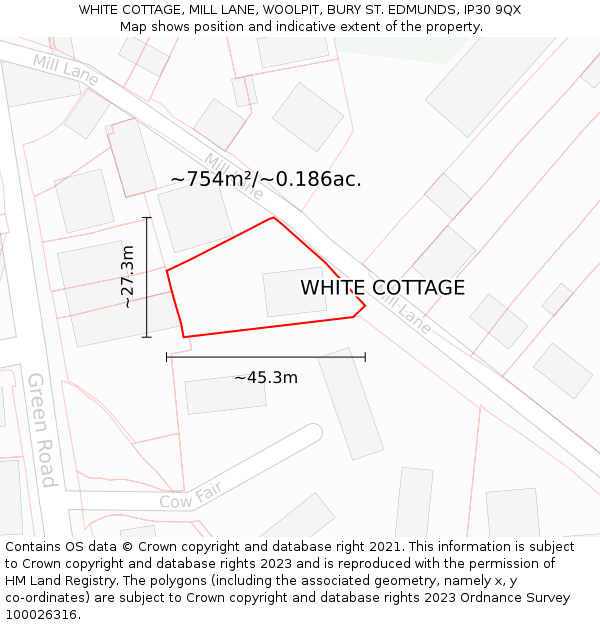 WHITE COTTAGE, MILL LANE, WOOLPIT, BURY ST. EDMUNDS, IP30 9QX: Plot and title map