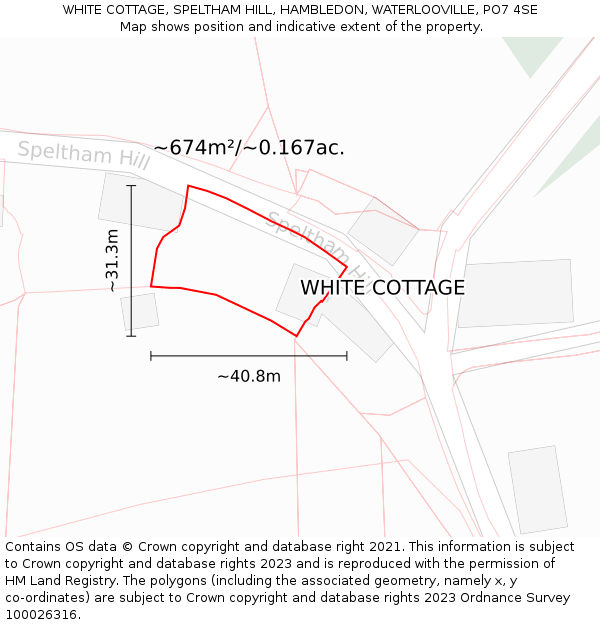 WHITE COTTAGE, SPELTHAM HILL, HAMBLEDON, WATERLOOVILLE, PO7 4SE: Plot and title map