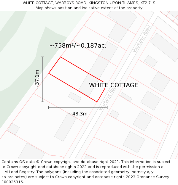 WHITE COTTAGE, WARBOYS ROAD, KINGSTON UPON THAMES, KT2 7LS: Plot and title map
