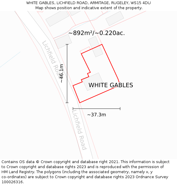 WHITE GABLES, LICHFIELD ROAD, ARMITAGE, RUGELEY, WS15 4DU: Plot and title map