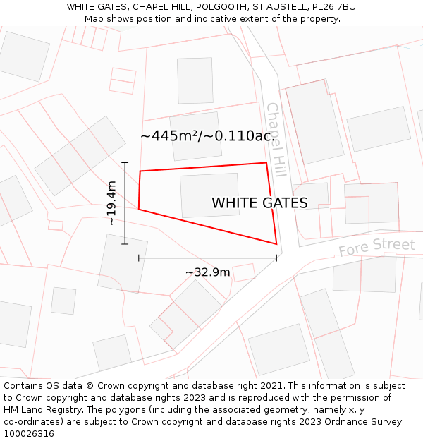 WHITE GATES, CHAPEL HILL, POLGOOTH, ST AUSTELL, PL26 7BU: Plot and title map