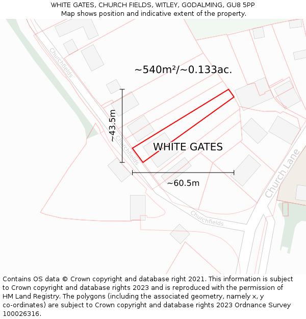 WHITE GATES, CHURCH FIELDS, WITLEY, GODALMING, GU8 5PP: Plot and title map