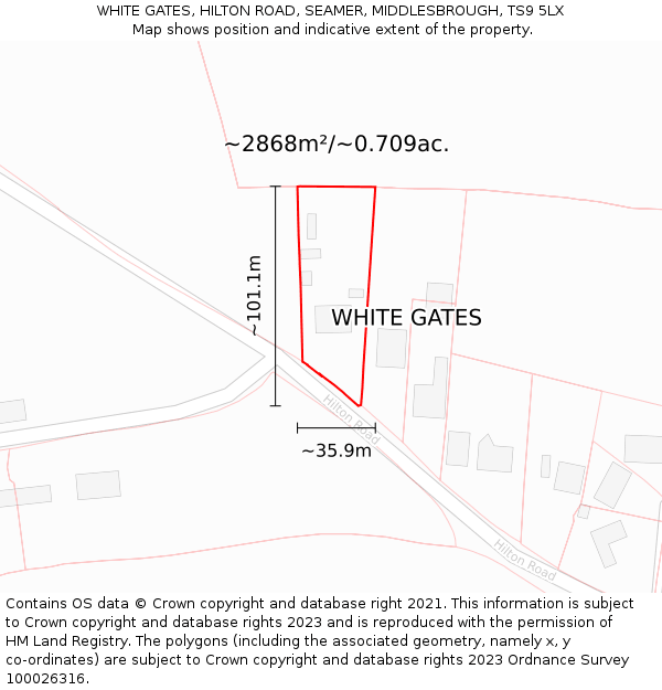 WHITE GATES, HILTON ROAD, SEAMER, MIDDLESBROUGH, TS9 5LX: Plot and title map