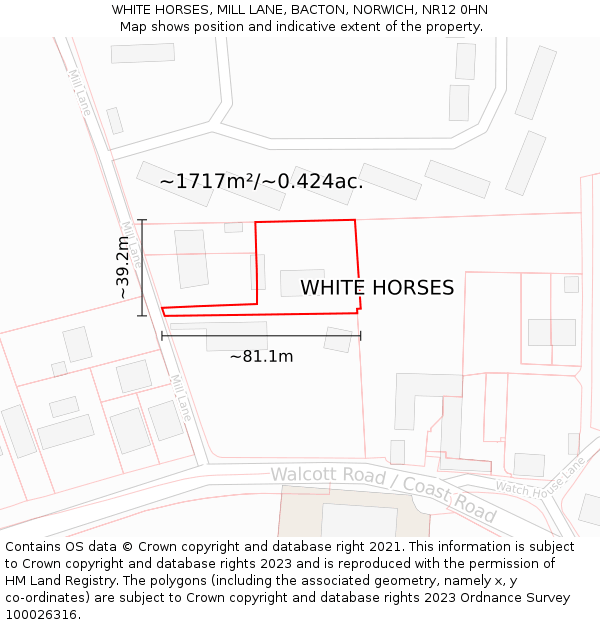 WHITE HORSES, MILL LANE, BACTON, NORWICH, NR12 0HN: Plot and title map