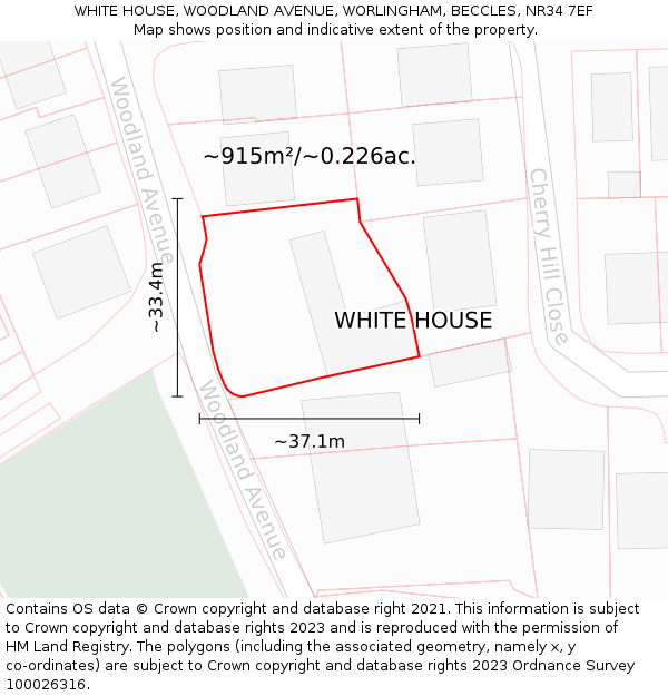 WHITE HOUSE, WOODLAND AVENUE, WORLINGHAM, BECCLES, NR34 7EF: Plot and title map