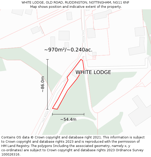 WHITE LODGE, OLD ROAD, RUDDINGTON, NOTTINGHAM, NG11 6NF: Plot and title map