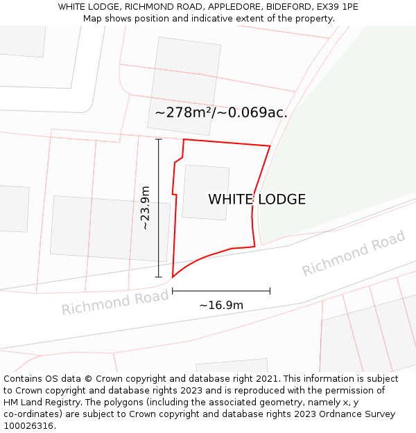 WHITE LODGE, RICHMOND ROAD, APPLEDORE, BIDEFORD, EX39 1PE: Plot and title map