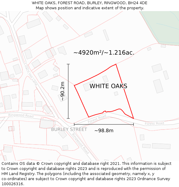 WHITE OAKS, FOREST ROAD, BURLEY, RINGWOOD, BH24 4DE: Plot and title map