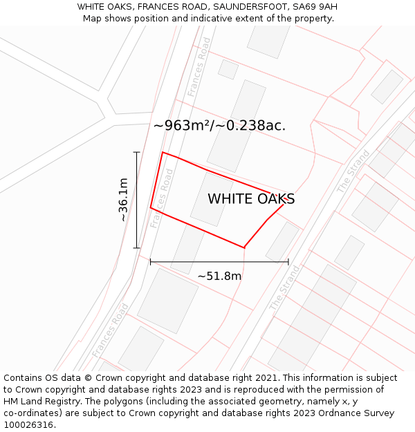 WHITE OAKS, FRANCES ROAD, SAUNDERSFOOT, SA69 9AH: Plot and title map