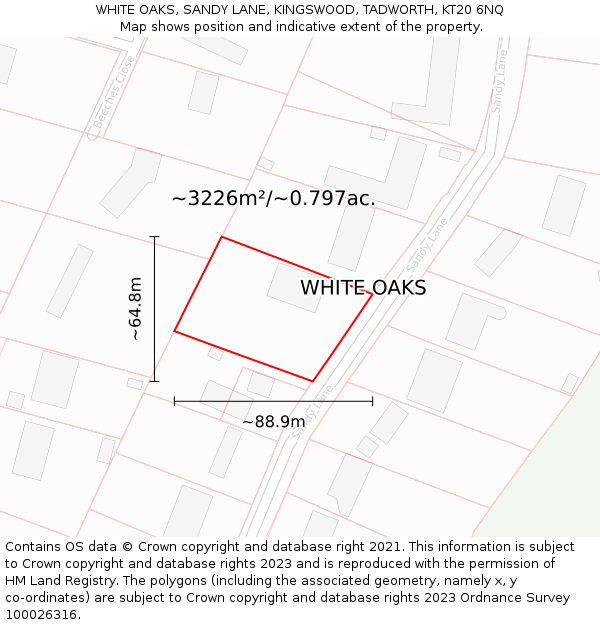 WHITE OAKS, SANDY LANE, KINGSWOOD, TADWORTH, KT20 6NQ: Plot and title map