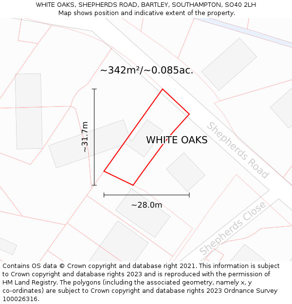 WHITE OAKS, SHEPHERDS ROAD, BARTLEY, SOUTHAMPTON, SO40 2LH: Plot and title map