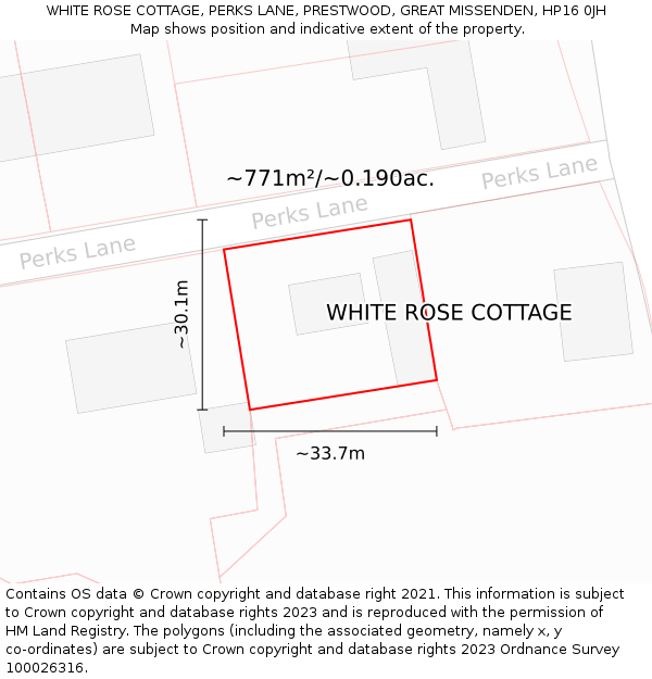 WHITE ROSE COTTAGE, PERKS LANE, PRESTWOOD, GREAT MISSENDEN, HP16 0JH: Plot and title map