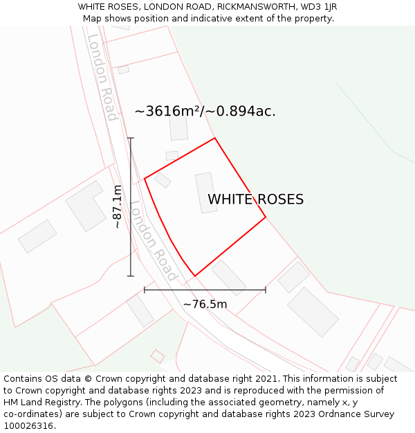 WHITE ROSES, LONDON ROAD, RICKMANSWORTH, WD3 1JR: Plot and title map