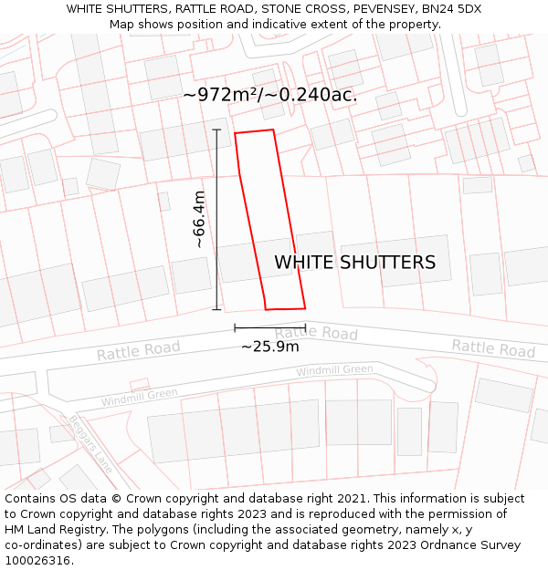 WHITE SHUTTERS, RATTLE ROAD, STONE CROSS, PEVENSEY, BN24 5DX: Plot and title map