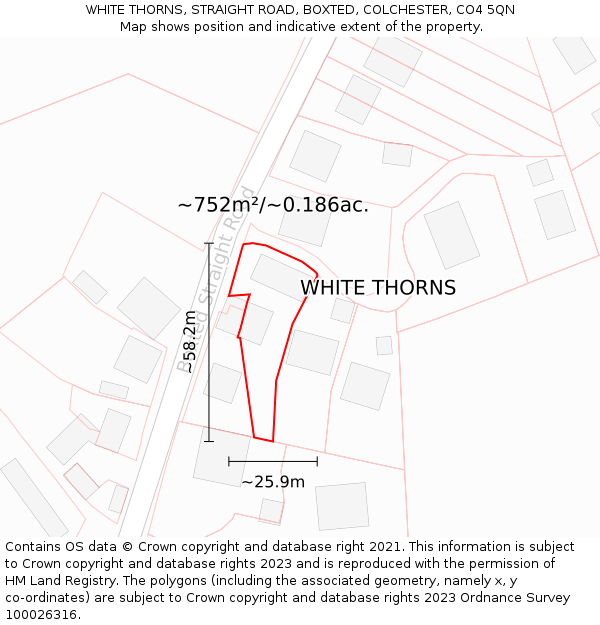 WHITE THORNS, STRAIGHT ROAD, BOXTED, COLCHESTER, CO4 5QN: Plot and title map