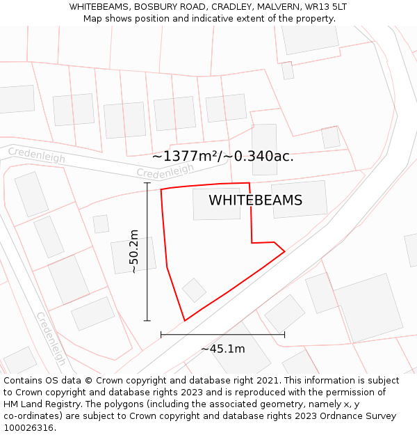 WHITEBEAMS, BOSBURY ROAD, CRADLEY, MALVERN, WR13 5LT: Plot and title map