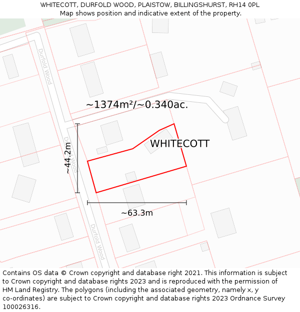 WHITECOTT, DURFOLD WOOD, PLAISTOW, BILLINGSHURST, RH14 0PL: Plot and title map