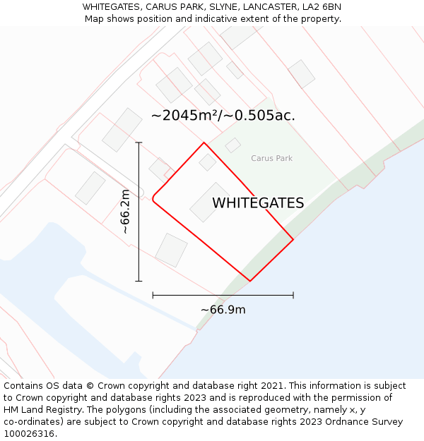 WHITEGATES, CARUS PARK, SLYNE, LANCASTER, LA2 6BN: Plot and title map