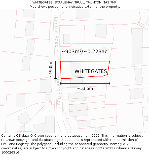WHITEGATES, STAPLEHAY, TRULL, TAUNTON, TA3 7HF: Plot and title map