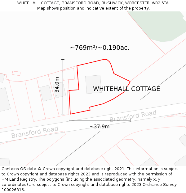 WHITEHALL COTTAGE, BRANSFORD ROAD, RUSHWICK, WORCESTER, WR2 5TA: Plot and title map