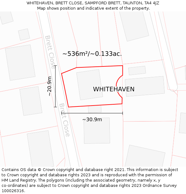 WHITEHAVEN, BRETT CLOSE, SAMPFORD BRETT, TAUNTON, TA4 4JZ: Plot and title map