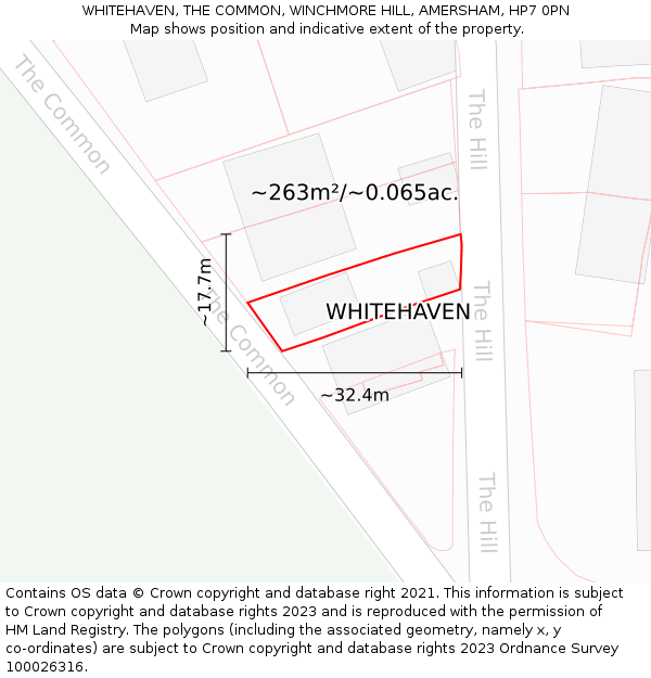 WHITEHAVEN, THE COMMON, WINCHMORE HILL, AMERSHAM, HP7 0PN: Plot and title map