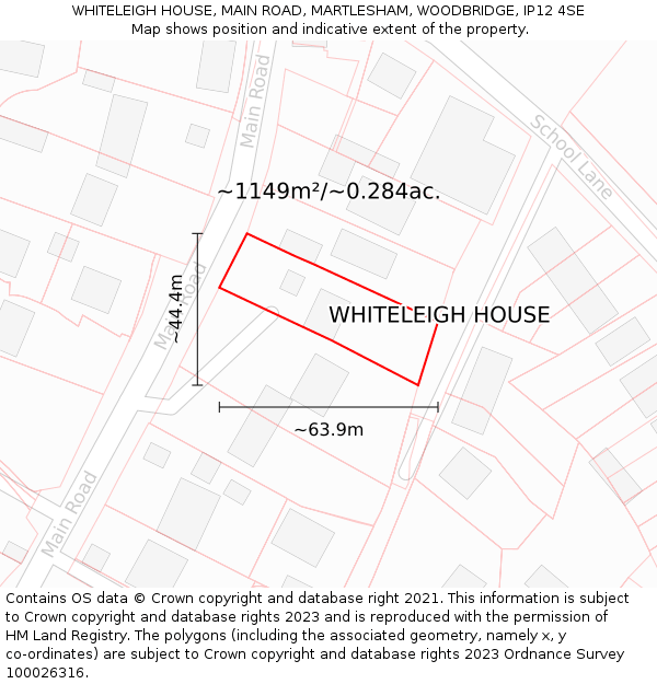 WHITELEIGH HOUSE, MAIN ROAD, MARTLESHAM, WOODBRIDGE, IP12 4SE: Plot and title map