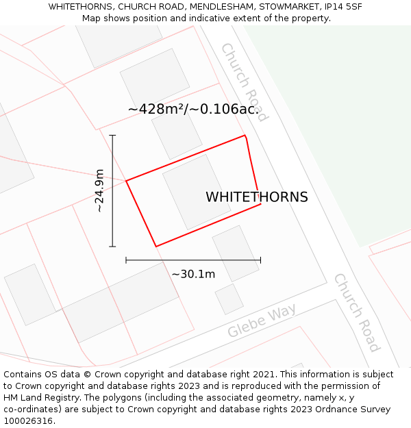 WHITETHORNS, CHURCH ROAD, MENDLESHAM, STOWMARKET, IP14 5SF: Plot and title map